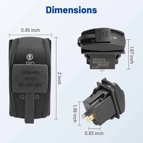 Anina USB Rocker Switch 18W QC3.0 USB 30W PD Outlet Waterproof 12V 24V Dual Ports Charger with Blue LED Light for Marine Vehicle RV Boat Truck UTV