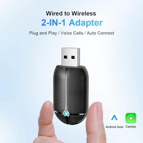 Dual Band Wireless CarPlay Adapter, 2-in-1 CarPlay & Android Auto Dongle, Fast Stable Leather Texture Adapter, with USB-C/Type-C Converter, for CarPlay Cars