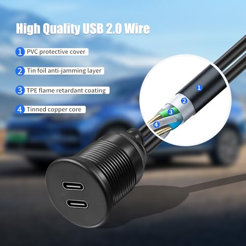 Dual Port USB A 2.0 Male to USB C 2.0 Female Extension Cable,Flush Mount Waterproof Panel Cable for Car,Truck,Boat,Motorcycle Dashboard 3.3ft - style: Dual USB A-C 2.0
