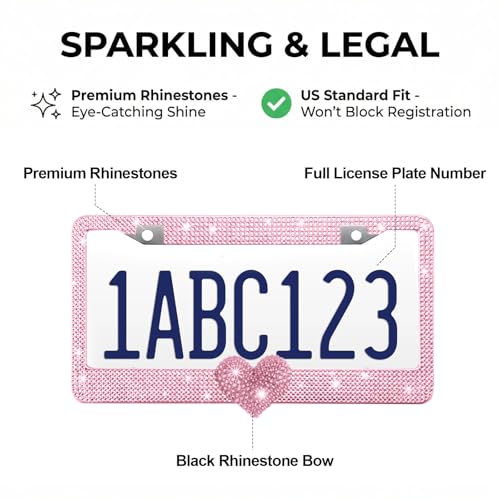 1 Pack Pink Bling License Plate Frame with Pink Rhinestone Heart - color: Pink Frame+Pink Heart