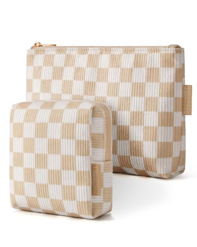 BAGSMART Corduroy Makeup Bag Set, Large & Small Cosmetic Pouch - color: 02-Khaki Checkered Print Set