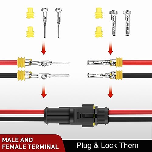 Nilight 200PCS 2 Pin Electrical Connector Plug with Male Female Terminals - size: 2Pin Connector 200Pcs