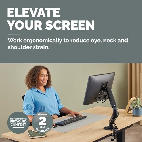 Fellowes Everyday Plus Single Gas Spring Monitor Arm Supports up to 32" Screens Weighing 4.4-19.84 lbs, Height Adjusting, Tilt, Swivel, Rotate, VESA 75/100, Clamp or Grommet Mount, Cable Management - style: Everyday Plus Single Arm