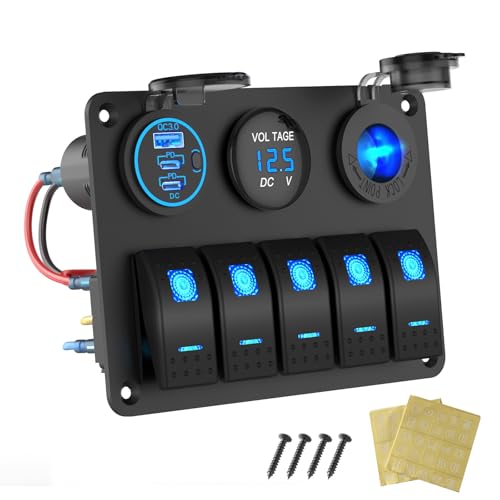 Marine Boat Switch Panel Waterproof, 5 Gang Marine Rocker Switch Aluminum Panel with 3 Port 66W 12V USB Outlet Car Charger, 150W Cigarette Lighter Socket and Blue LED Voltmeter for Truck Car RV, etc.