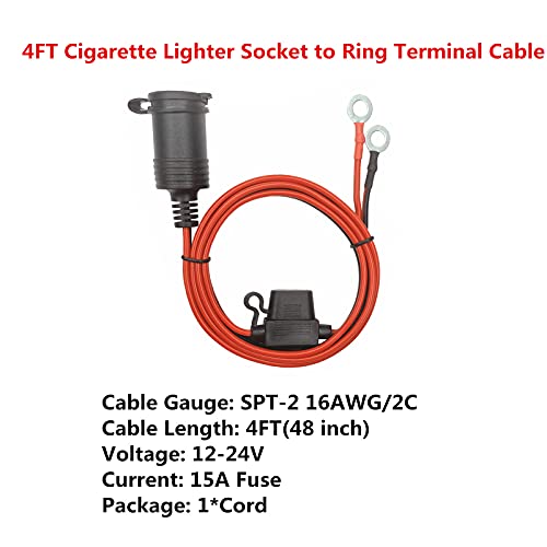Cigarette Lighter Socket to Ring Terminal Cable - 4FT Car Female Cigarette Lighter Plug to Ring Terminal Harness 2 Pin Quick Connect Disconnect 12v 24v Ring Eyelet Terminals Assembly 15A Fuse (4FT) - size: 4FT