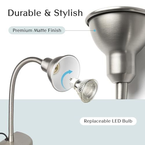 Solfres Patented Innovative Design Headboard Reading Light. No Drilling Golden Book Light for Bedtime Reading. Dimmable LED Book Reading Lamp with Bulb. Movable & Flexible, Silver - color: Silver, size: M