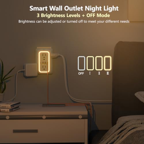 Wall Outlet Extender with Night Light, Power Plug Adapter 6 Outlet Extender with 4 USB Charging Ports 1050J Power Strip Multi Plug Adapter Spaced for Home Travel Office (2U2C)-ETL - color: White-1Pcs