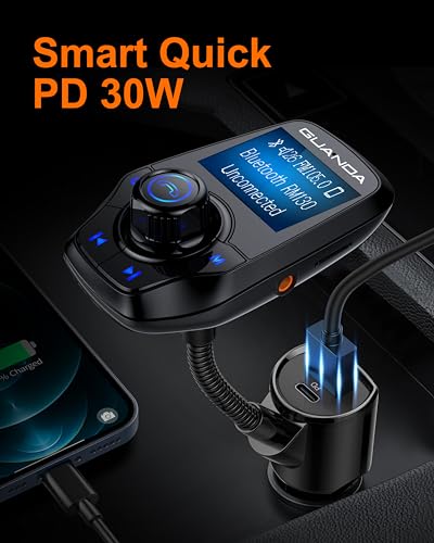 Bluetooth FM Transmitter for Car, 1.44" Display, AUX in/Out, USB-C PD 30W - color: Fast Charge 18W + PD 30W Black 1.44"