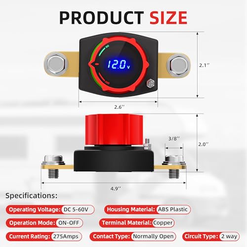 Joinfworld Side Post Battery Disconnect Switch 12V-48V with Led Voltmeter Display, DC 5-60V Battery Kill Switch Waterproof Marine Battery Cut Off Switch 12 Volt for Car RV Boat ATV UTV Vehicles - color: 300A On-Off Side Post with Voltmeter