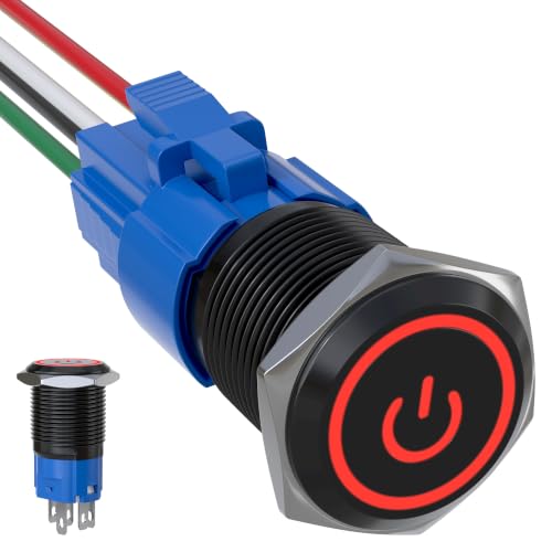 16mm Latching Push Button Switch 5A 12V Power Symbol LED Ring SPDT - color: Black Shell-Red