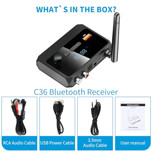 Bluetooth 5.3 Receiver for Home Stereo, RCA Bluetooth Adapter, Low Latency & HD Music Audio, Support Optical AUX 3.5mm, RCA Receiver Adapter for Speakers, Music Streaming Stereo System