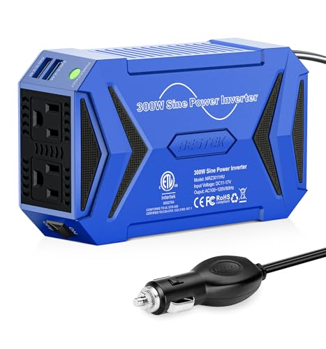 BESTEK Pure Sine Wave Power Inverter, 300W DC 12-17V to 110V AC Car Adapter - color: Blue