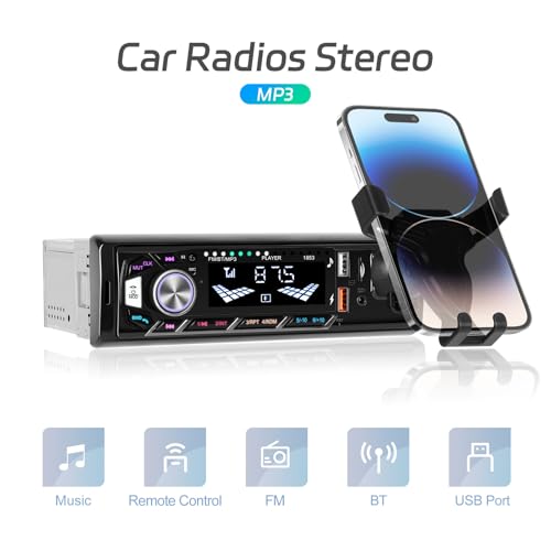 Car Radio Stereo Receiver, Bluetooth Audio 1 DIN MP3 Player & Phone Holder