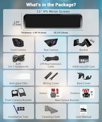 OEM Rear View Mirror Camera: 11" 2K Mirror Dash Cam with Detached Front Rearview Zoom, Auto Brightness Display with Night Vision, Parking Monitor, Built-in GPS, 64GB Card for Trucks SUVs Vans RVs