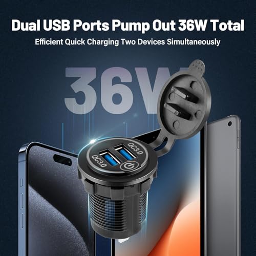 Anina 2pcs USB Charger Socket Dual QC 3.0 Quick Charge 3.0, Outlet Waterproof Charger and Power Switch Fast Charge for 12V/24V Car RV Boat Marine Truck Golf Motorcycle