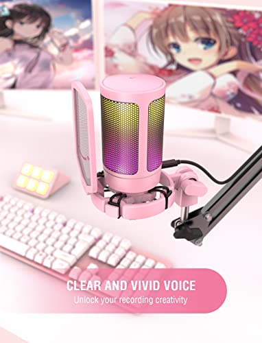 FIFINE AmpliGame Pink USB Gaming Microphone, Condenser RGB Mic for PC/PS5 - color: Pink