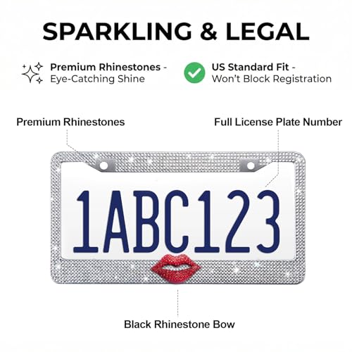 White Bling License Plate Frame for Women, Red Rhinestone Lips - color: White Frame + Red Lip
