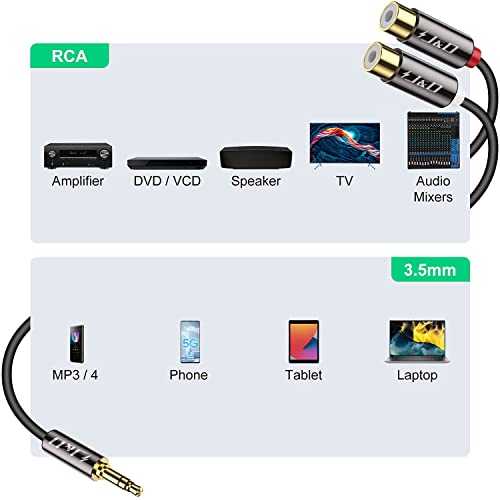 J&D RCA to 3.5mm Cable, 1/8 inch 3.5mm Auxiliary Male to 2RCA Female Stereo Audio Cord Gold Plated Aux Y Splitter for Smartphone, Tablet, MP3, Computer, Speaker, 12 Feet - size: 12 Feet