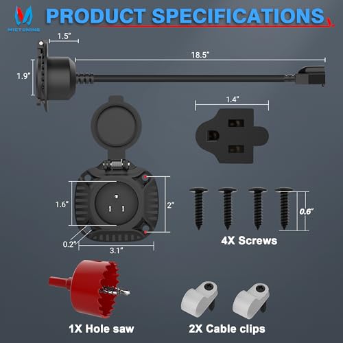 MICTUNING AC Port Plug with Heavy Duty Integrated 20 Inch Extension Cord and Water Resistant Spring Loaded Cover, Black - size: 20Inch Spring-loaded Cover