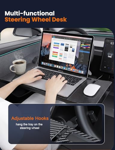 2-in-1 Car Steering Wheel Desk & Table Tray, Seat Gap Filler Organizer - Detachable Two-Piece Slide-Together Laptop & Eating Tray, Adjustable Supports & Hooks, Fits Most 3-Spoke Round Wheels