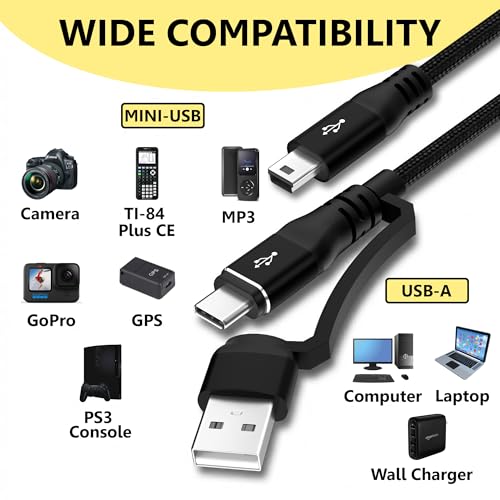 2 in 1 Mini USB Cable 4FT, USB C/A to Mini USB Cable Charging Cord for GoPro Hero 3+, PS3 Controller, MP3 Player, Dash Cam, Digital Camera, GPS Receiver, PDAs, TI-84+ CE, Snowball iCE Mic and More - size: 4FT