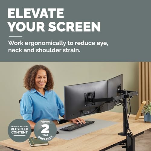 Fellowes Everyday Adjustable Dual Monitor Arm – Holds Two Screens up to 32" (inch) Weighing 19.84 lbs Each, Tilt, Swivel, Rotate, VESA 75/100, Clamp or Grommet Mount, Cable Management - style: Everyday Dual Arms