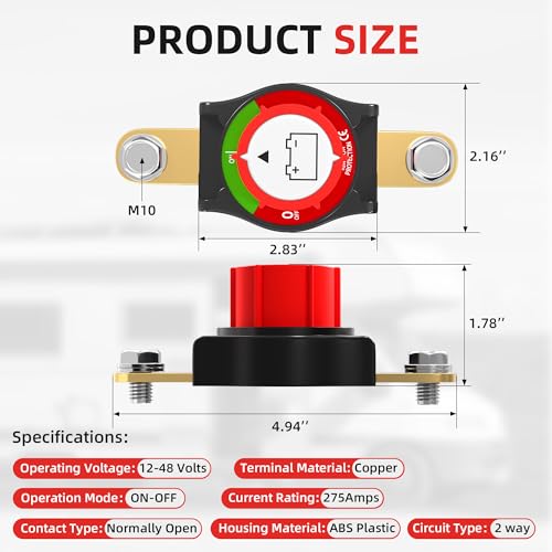 Joinfworld Side Post Battery Disconnect Switch 12V-48V 275A Waterproof Marine Battery Cut Off Switch 12 Volt for Car RV Boat ATV UTV Vehicles - color: 250A On-Off Side Post