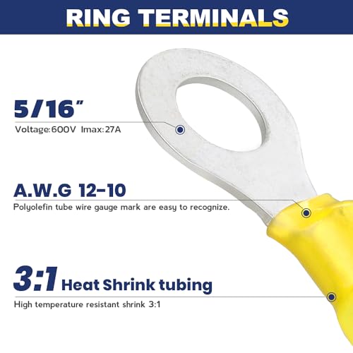 haisstronica 100PCS Heat Shrink Ring Terminals, 12-10 AWG, 5/16 in, Yellow - color: Yellow, size: Ring 5/16"