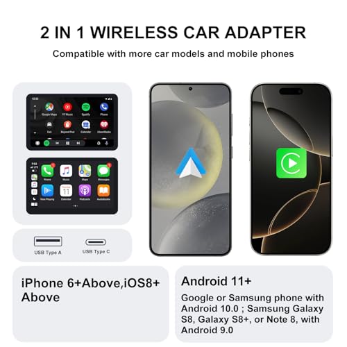 Wireless CarPlay & Android Auto Adapter – 2-in-1 Plug & Play Solution, Converts Wired Systems to Wireless, Compatible with iPhone & Android