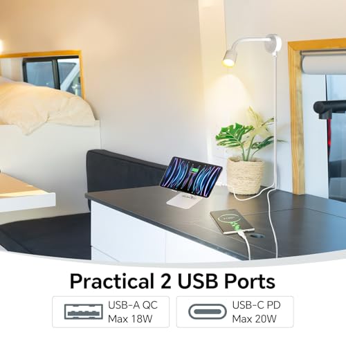 12V Dimmable Reading Light, RV LED Lamp with USB-A & USB-C Charger - color: White