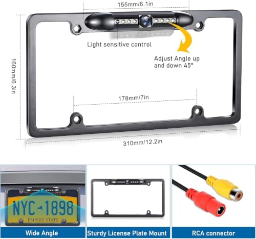GLK License Plate Backup Camera HD Front Rear View Reverse Camera with 7 LED Night Vision 170 Degree Viewing Angle, Waterproof, for Cars