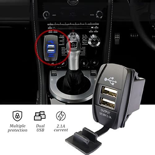 Dual USB Car Charger Rocker Style Switch, Waterproof 12-24V 3.1A 2 USB Ports, Power Charge Socket with LED Light, Vehicle Outlet Replacement for Marine, Boat, Truck, Golf Cart, RV (Blue) - color: Blue