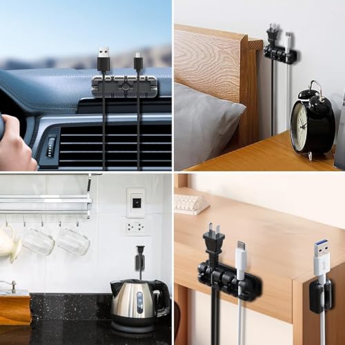 5 PCS Black Cord Organizer Cable Clips, Silicone Adhesive Cord Clips for Charging Cords Wire Management Keeper for Desk,Nightstand,Car,Office,