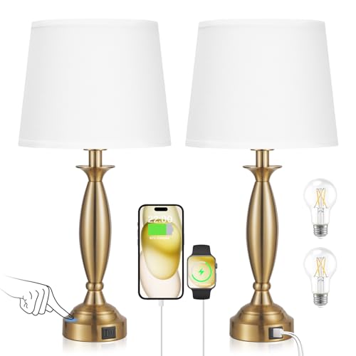 Bedroom Lamps for Nightstand, 3 Way Dimmable Gold Bedside Lamps with USB - color: K. White Shade & Gold Base, size: Medium(22.5 In)