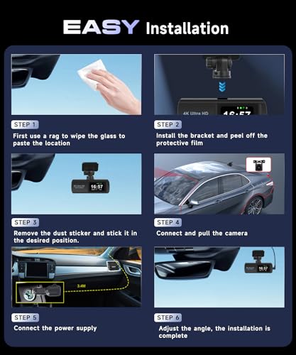 Dash Cam 4K Front and Rear Full HD Dash Camera for Cars, Included 64GB Card, Built-in WiFi, 1.47" IPS ScreenLoop Recording, G-Sensor, Night Vision, Parking Mode