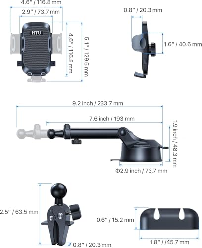 HTU Car Phone Holder【2026 Upgraded 100+LBS Suction & Safety Cert】 Cell Phone Car Mount for Truck Heavy Duty Phone Holder for Dashboard/Windshield/Vent for iPhone 17 16 Pro Max, Dark Black - color: Dark Black