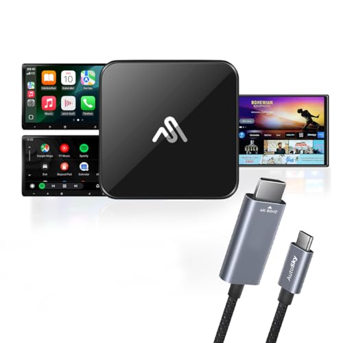 AutoSky CarPlay TV Adapter + HDMI Cable Combo – Stream Apps, Movies, Music & GPS Navigation on Car Infotainment System – Wireless & Easy Plug & Play Setup