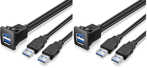 Dual USB3.0 Square Flush Mount - 1M 3ft USB 3.0 Extension Mount, Dash Mount, Flush Mount, Panel Mount Cable, for Car, Boat, Motorcycle (3 feet) (Pack of 2) - size: 3 feet (Pack of 2)