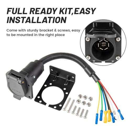 MECMO 7 Way RV Trailer Light Connector Socket 7 Pin Wire Electrical Trailer Adapter Quick Converter with Mounting Bracket, Truck End Quick-Install 7 Prong Universal Pigtail Wiring Harness Vehicle Side