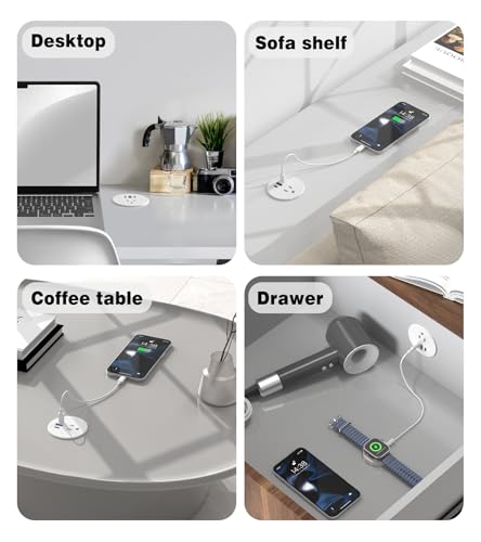 Recessed Power Strip-2 Pack Desk Grommet Power Strip, 2.5 inch Desktop with 20W Fast Charging USB-C Port (White, 10FT) - color: White, size: 10FT-2PS
