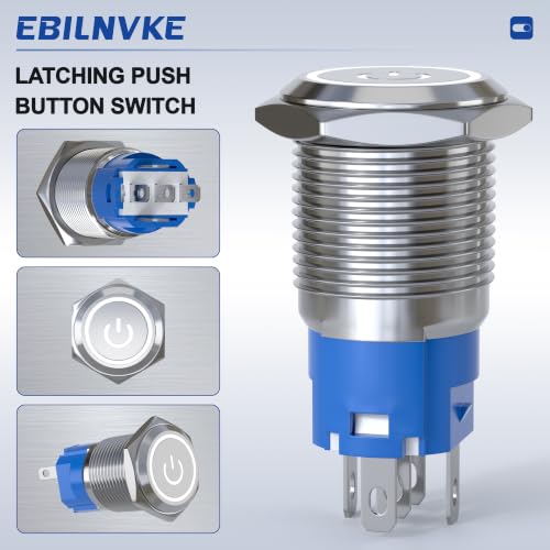 16mm Latching Push Button Switch 5A 12V Power Symbol LED Ring SPDT - color: Silver Shell-White