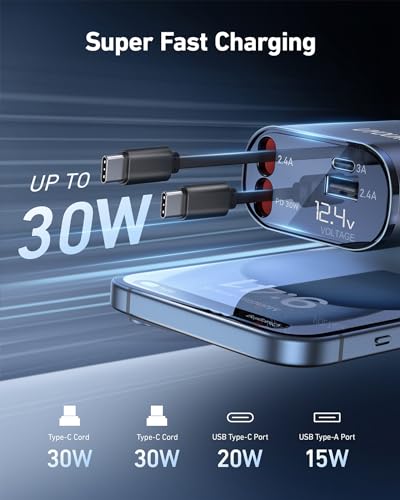 Car Phone Charger Retractable Car Charger 4 in 1 Fast Charger 30W Double