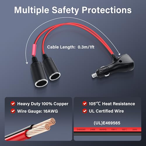 SinLoon 12V Car Cigarette Lighter Splitter Adapter with 2 Independent Switches 16AWG Cigarette Lighter 1 Male to 2 Female Sockets Y Splitter Power Cable with 15A Fuse 0.3M/1FT