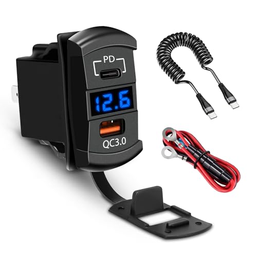 USB Rocker Switch Outlet with Voltmeter, USB-C PD & USB-A Fast Charging Panel Mount for 12V/24V Car, RV, Boat