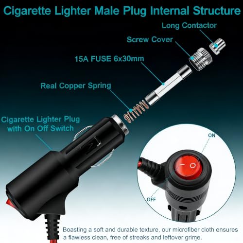 Cigarette Lighter Plug Adapter, 12V 24V Car Power Extension Cord, 3.28FT 2Pack LED Switch Fuse Protected Male Plug for Car Truck RV Motorcycle Boat Low-Power Device Power Supply