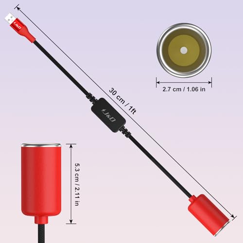 J&D USB A Male to 12V Car Cigarette Lighter Socket Female Converter Cable, 3 ft, 12V 18W Power Adapter, Compatible with Dash Cam, GPS, Car LED Light Strips, Red - color: Red, size: 3 Feet/ 90 CM