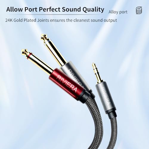 RIVIERA 10FT/3.0M Audio Cable 3.5mm 1/8" TRS to Dual 6.35mm 1/4" TS Braided Sheilded Copper Wire and 24K Gold Plated Low Noise with Braided Nylon Jacket for Digital Players & Musical Instruments - color: 1/8 TRS-Dual 1/4 TS Black, size: 10FT/3.0M