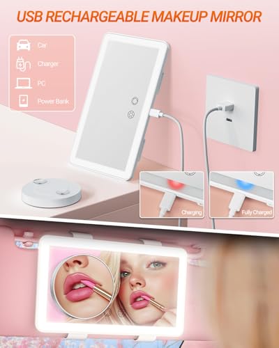 SEALIGHT Car Sun Visor Vanity Mirror, 1X/3X Magnification Makeup Mirror with Lights, Rechargeable 3 Light Modes & 60 LEDs, Dimmable Touch Control Smart Mirror, Universal for Car Truck SUV