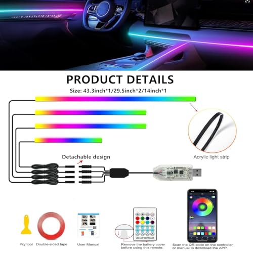 Dreamcolor Acrylic Interior Car LED Strip Light with APP Remote Control, RGB 4 in 1 with 116 inches Fiber Optic Strip Lights for Car, Dynamic Chasing Music Sync Neon Car Ambient Lighting Kits