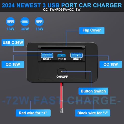 4PCS 3 Ports 12V RV USB Outlet 72W Panel Wall Mount Surface ON/Off - color: Blue, size: 4PCS